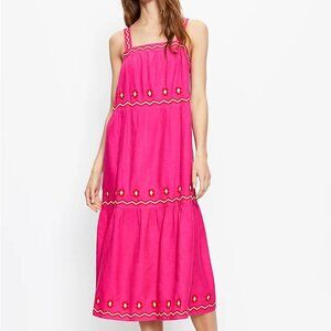 LAST CHANCE! LOFT Embroidered Tiered Square Neck Midi Dress - Pink Flare XS
